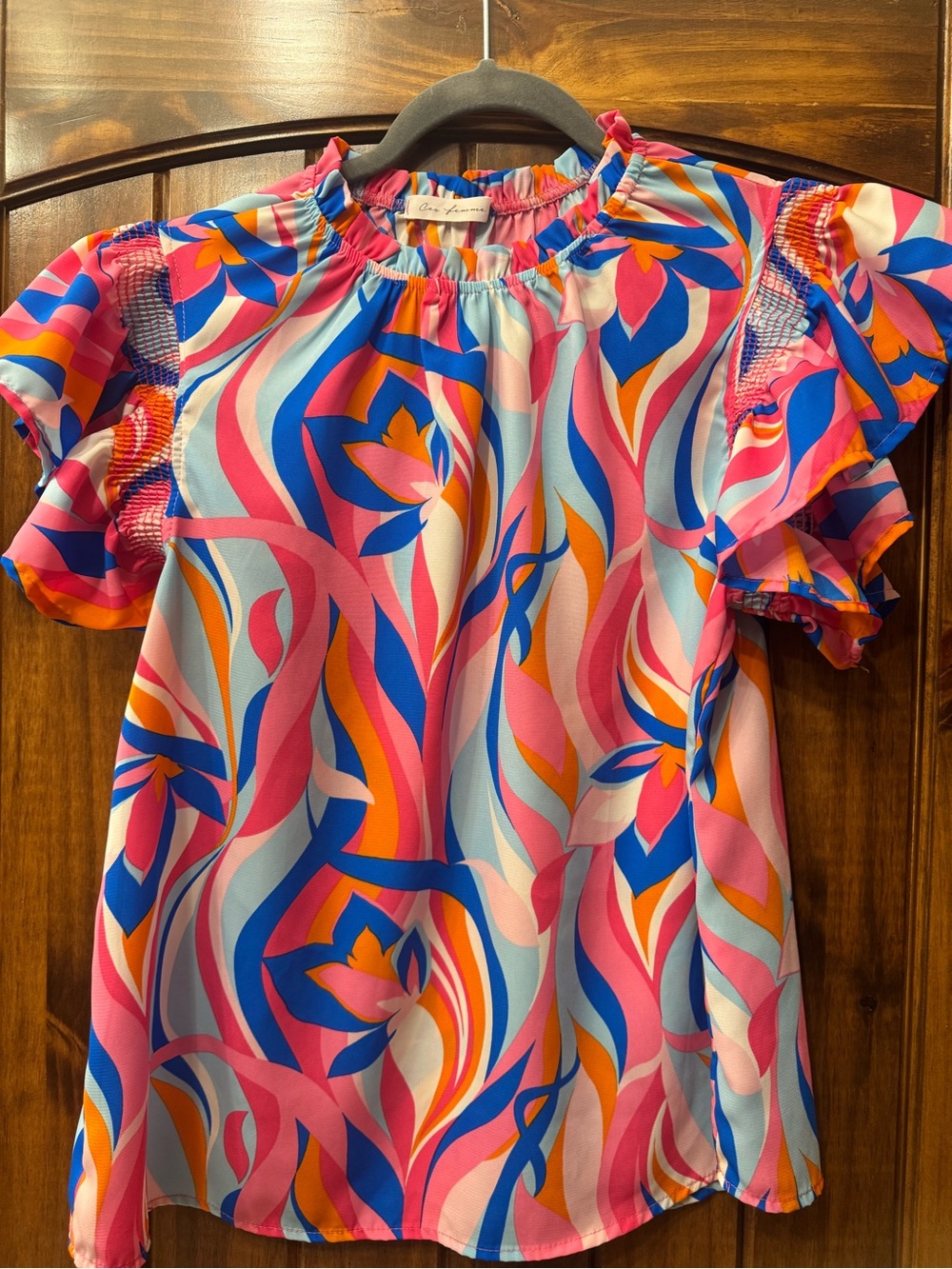 Ruffled Sleeve Top in Bright Pink & Blue Floral Print